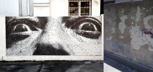 Antes y después del mural de Salvador Dalí realizado por Pixel Art en Barrio Italia, Santiago.Cortesía Pixel Art