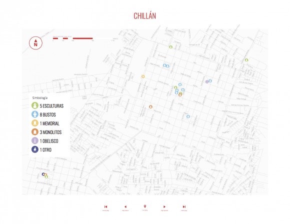 Mapa de Chillán con la ubicación de los monumentos públicos. © Consejo de Monumentos Nacionales