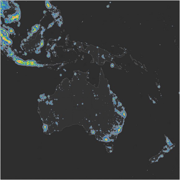 Mapa del brillo en Australia, Indonesia y Nueva Zelanda. © Elaborado por Fabio Falchi et al. Sci Adv 2016;2:e1600377. Publicado en AAAS. CC BY-NC