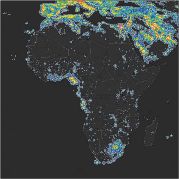 Mapa del brillo en África. © Elaborado por Fabio Falchi et al. Sci Adv 2016;2:e1600377. Publicado en AAAS. CC BY-NC
