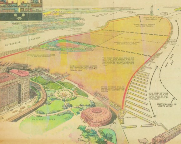 T. Kennard Thomson: "City of New Manhattan". El proyecto consistía en extender Manhattan en 6,4 kilómetros hacia el mar. Esta adición de 567 hectáreas hubiese conectado Battery Park con la Estatua de la Libertad. Imagen cortesía de Metropolis Books