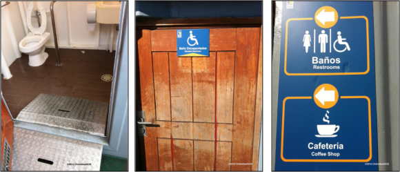 2013 | Acceso al baño (izquierda) 2014 | Señalética baños “discapacitados” (centro) y señalización correcta (derecha)