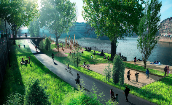 Proyecto de peatonalización de la ribera derecha del Sena, París. © Luxigon
