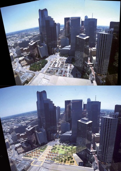 Vista del terreno de Pacific Plaza". Fuente imágenes: Plan Maestro de Parques para el Centro de Dallas.