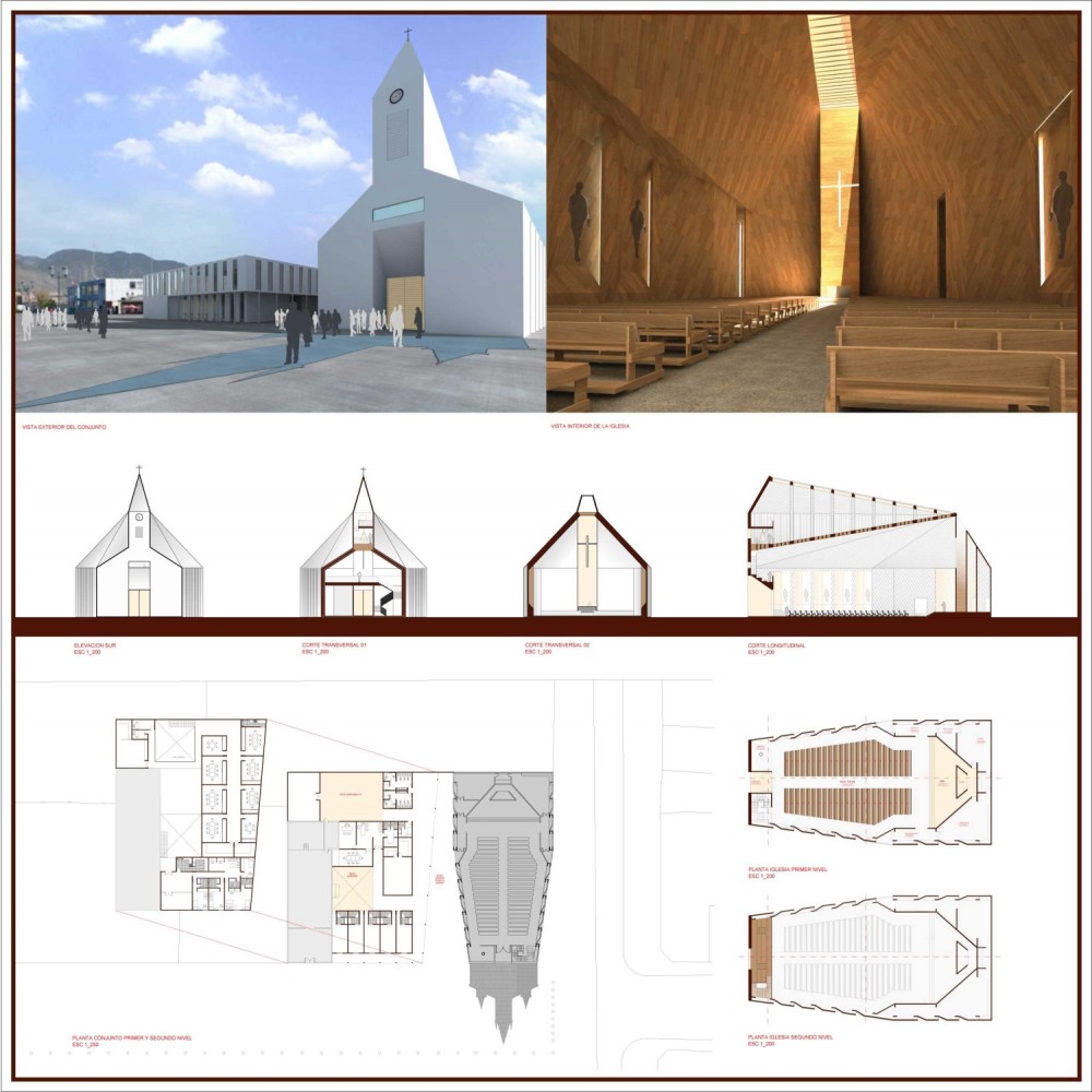 Imagenes del segundo lugar del concurso de ideas para el diseño de reposición de la nueva iglesia de San Francisco Javier de Taltal.  ©iglesia.taltal.cl, Ilustre Municipalidad de Taltal