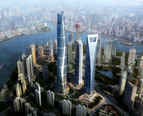 Vista de Shangai en el futuro, cuando esté terminada la Shanghai Central Tower. Hacia la derecha, la Jin Mao Tower y la Shanghai World Financial Center.