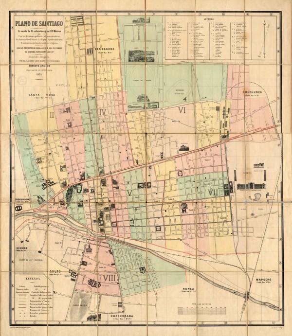 Plano de Santiago en 1875 por Enersto Ansart. Fuente: Archivo Visual de Santiago.