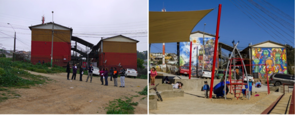 Antes y después “Plaza del Encuentro”. Población Ramón Cordero de Playa Ancha, Valparaíso Año 2012 y 2014