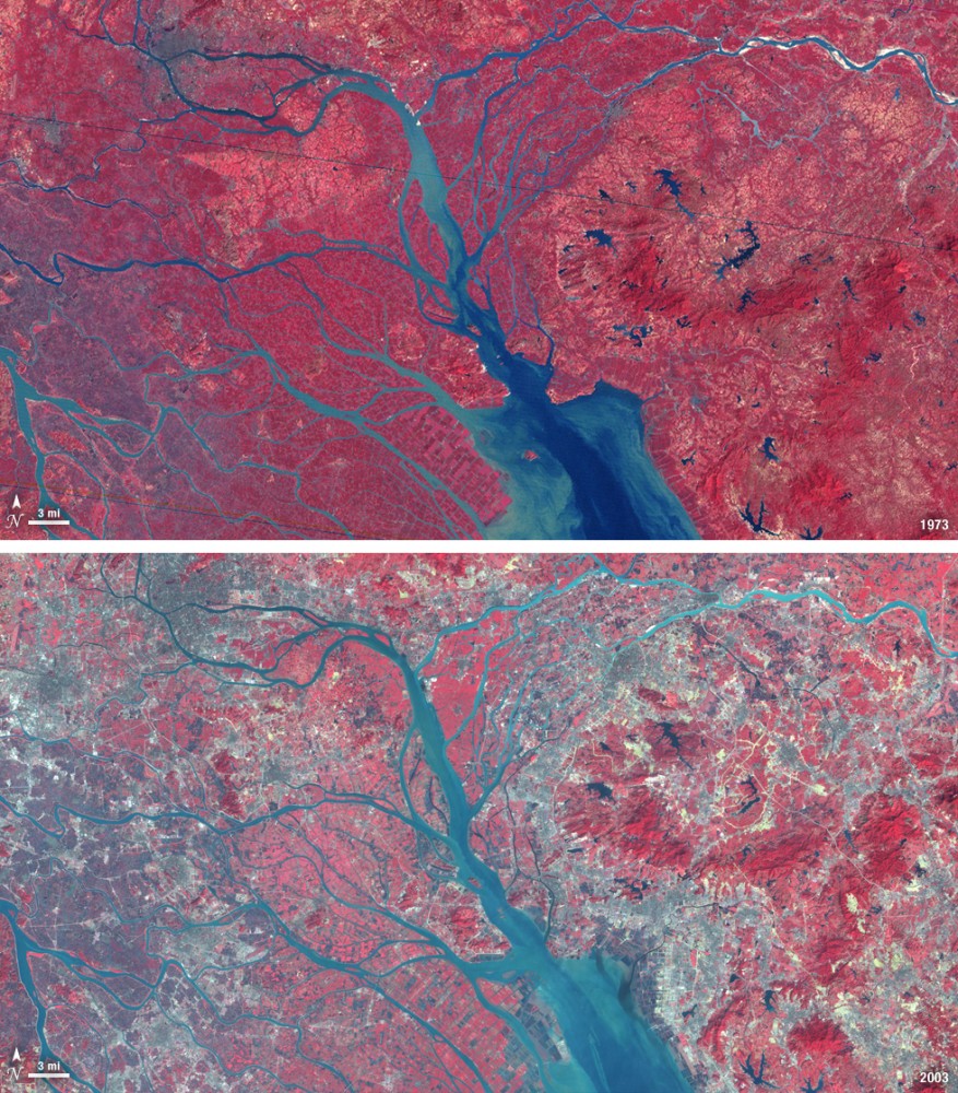 Crecimiento urbano del delta del Río Pearl entre 1973 y 2003 Imagen © Flicker CC user NASA Goddard Space Flight Center