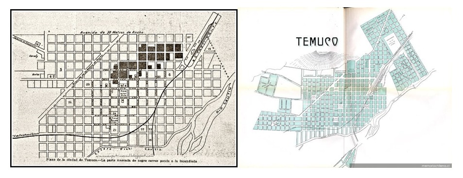 Plano del centro histórico de Temuco, con la Estación de Ferrocarril.. Image Cortesia de Miguel Gómez Villarino