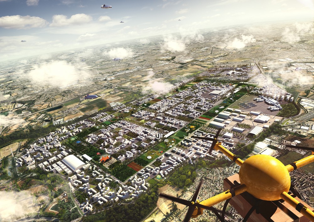 La propuesta para el Heathrow Airport (Hawkins\Brown, ‘Romance of the Sky) contempla la existencia de drones. Pero ¿Define el diseño urbano de la propuesta el rol de los drones en la esfera urbana? Imagen © Factory Fifteen