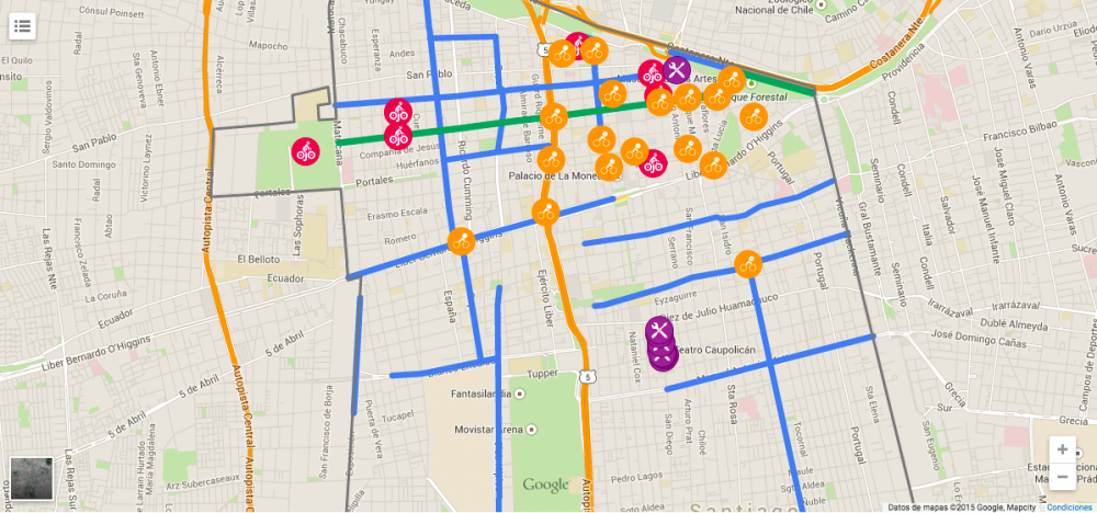 Mapa Ciclovías, estacionaciones de bicicletas públicas y talleres en la comuna de Santiago. Fuente: Sitio de la campaña Mira tu Entorno.