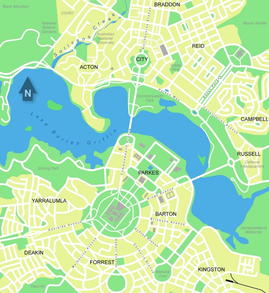 Mapa del centro de Canberra, muestra el plano urbano geométrico . Imagen © Wikimedia user Martyman