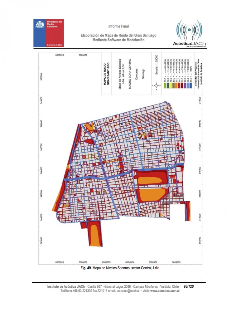 Mapa de Ruido Zona Centro del Gran Santiago. Fuente: MMA e Instituto de Acústica de la UAch.