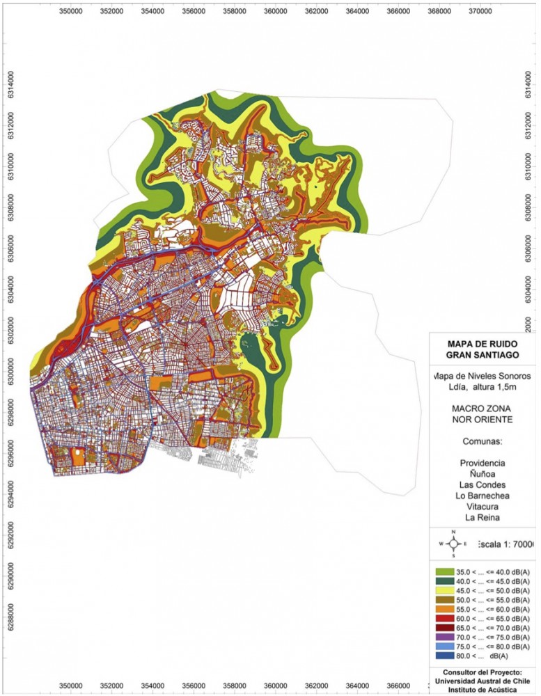 Mapa de Ruido Zona Nororiente del Gran Santiago. Fuente: MMA e Instituto de Acústica de la UAch.