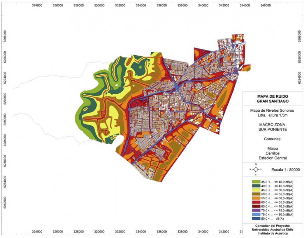 Mapa de Ruido Zona Surponiente del Gran Santiago. Fuente: MMA e Instituto de Acústica de la UAch.