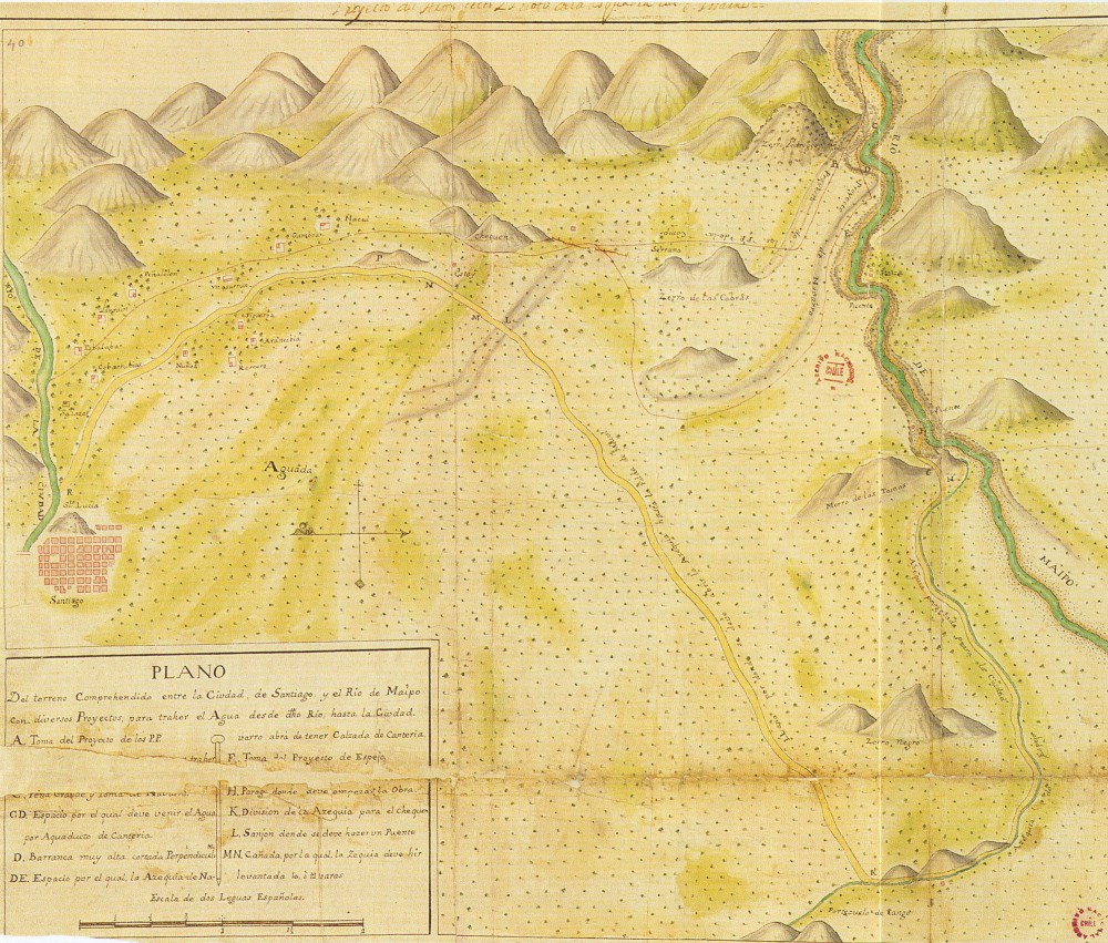 Plano de Santiago 1743_La ciudad el valle y los cerros_Archivo Biblioteca Nacional Cortesia Santiago Cerros Isla