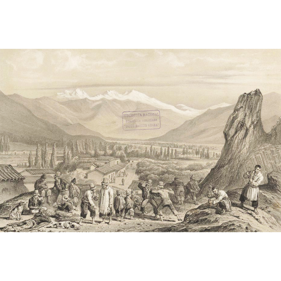 Vista del valle del mapocho desde el Cerro Santa Lucia 1854_Archivo Biblioteca Nacional_ Grabado de Claudio Gay Cortesia Santiago Cerros Isla