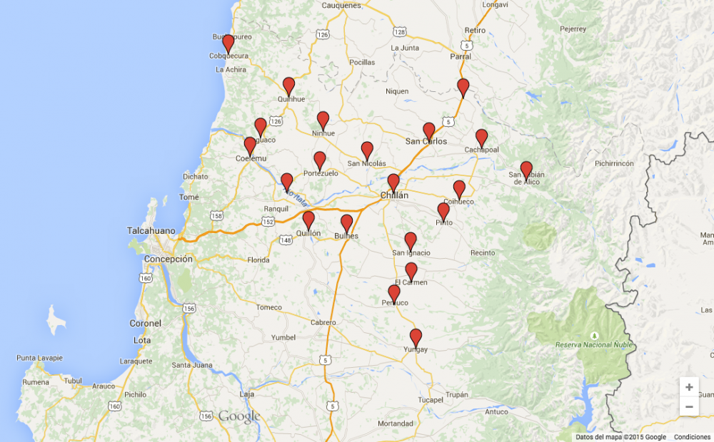Proyecto para la creación de la Región de Ñuble. Elaborado con Google Maps.