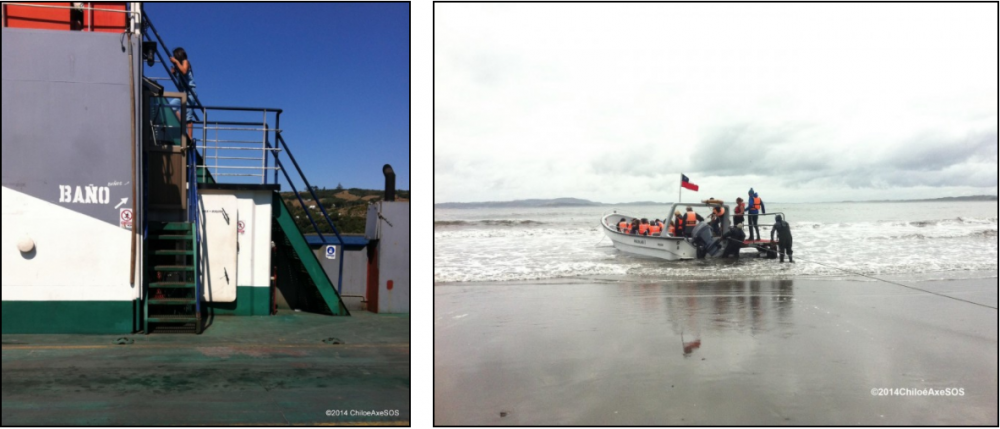 2014. Baños en transbordador canal Dalcahue (izquierda) y acceso a barca en Puñihuil (derecha).