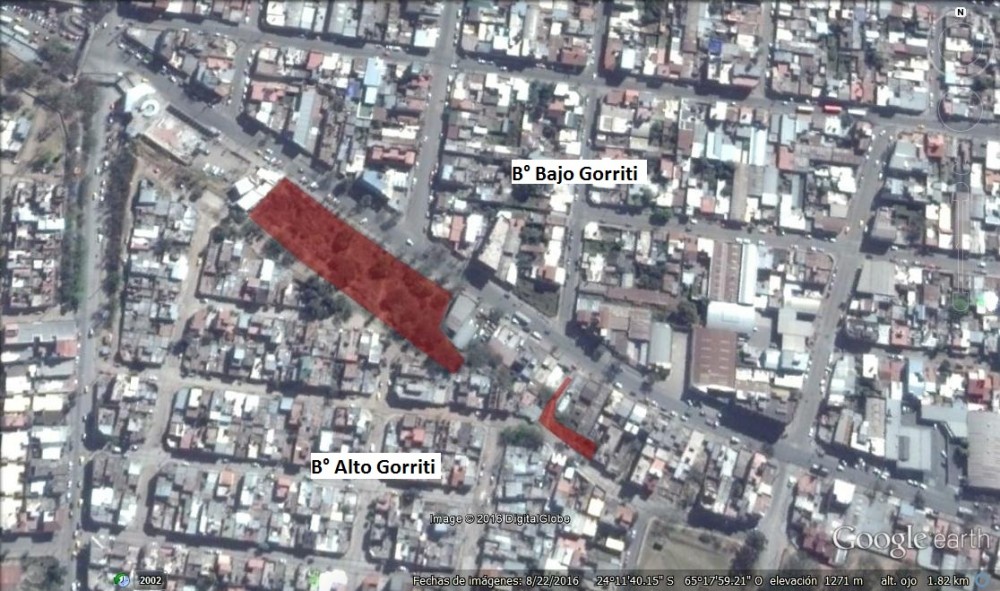 1.Localización (se resalta con un rectángulo de color rojo) de las pendientes urbanas en San Salvador de Jujuy - Elaboración propia en base a Google Earth.2016.