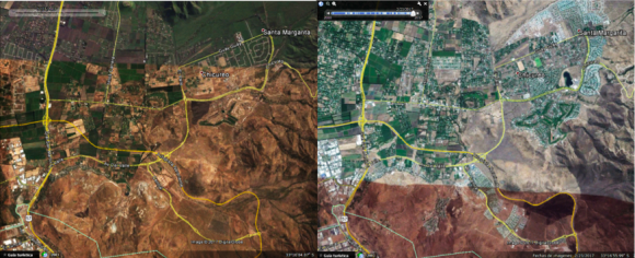Imágenes satelitales de Colina (sector Chicureo) en 2003 (izquierda) y 2017 (derecha). Fuente: Google Earth